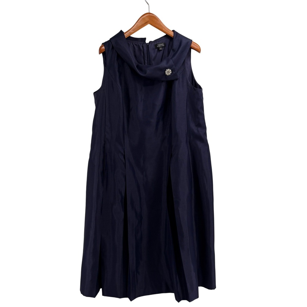 Tahari Arthur S Levine Navy Blue Shantung Cowl Neck Brooch Dress 18W Sleeveless